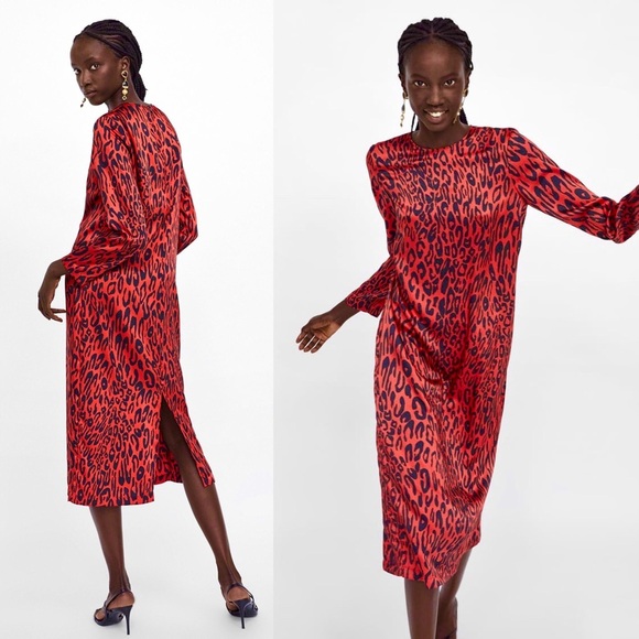 Zara Red Leopard Animal Print Midi Dress - Picture 5 of 8